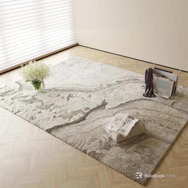 Square Light Colored Textured Rug With White Flower Vase Magazines and Scarf On Wooden Floor 3d model 