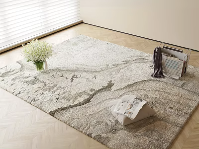 Square Light Colored Textured Rug With White Flower Vase Magazines and Scarf On Wooden Floor 3d model