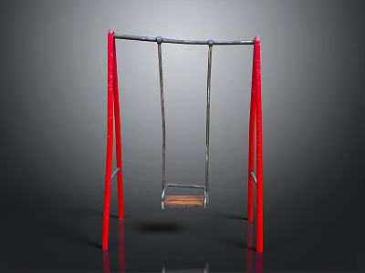 Swing Structure With Red Frame Silver Crossbar Chains And Wooden Seat Against Black Background 3d model