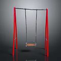 Swing Structure With Red Frame Silver Crossbar Chains And Wooden Seat Against Black Background