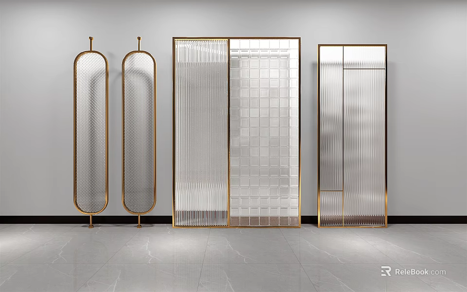 Modern Room Dividers With Golden Frames And Various Glass Panel Designs 3d model 