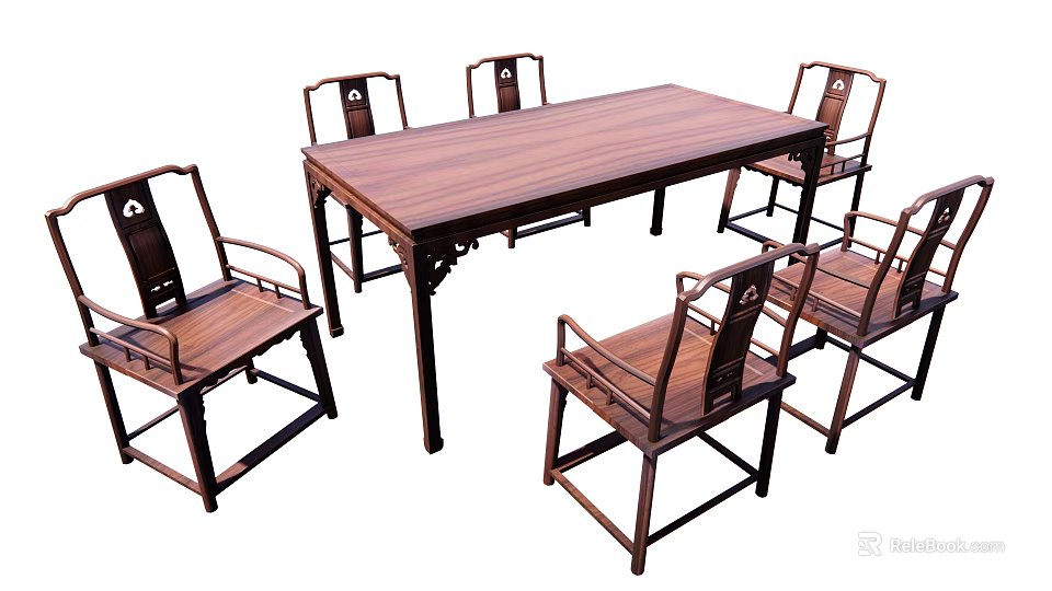 Chinese Style Wooden Dining Table Set with Rectangular Top and Carved Chairs 3d model
