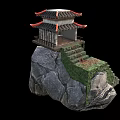 Ancient Architecture On Rocky Cliff With Red Roof And Moss Covered Steps