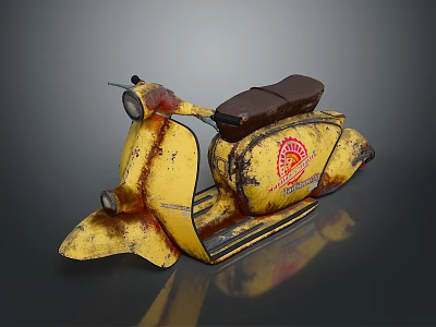 Vintage Yellow Scooter With Rusty Body Brown Seat And Red Emblem 3d model
