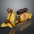 Vintage Yellow Scooter With Rusty Body Brown Seat And Red Emblem