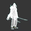 Game Character In Long Coat With Helmet Dual Swords Red Pants And Red Boots