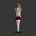 Two female characters standing back to back with white shirts red plaid skirts arms outstretched