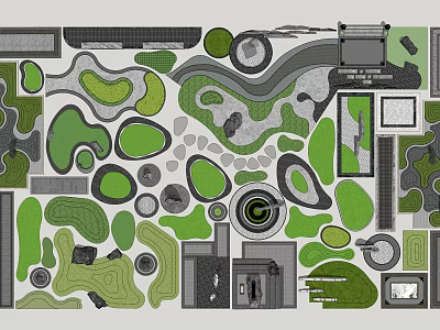 Creative Garden Ornaments Layout With Shaped Green Areas Circular Designs And Stone Paths 3d model
