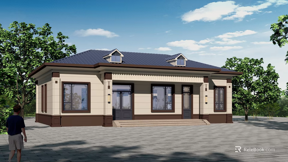 Modern Detached Villa Exterior Design With Dark Roof Beige Walls Porch Steps And Trees 3d model 