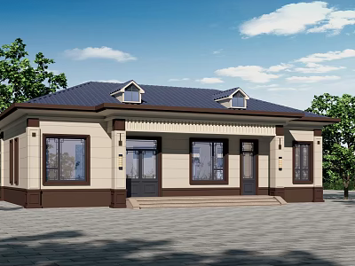 Modern Detached Villa Exterior Design With Dark Roof Beige Walls Porch Steps And Trees 3d model