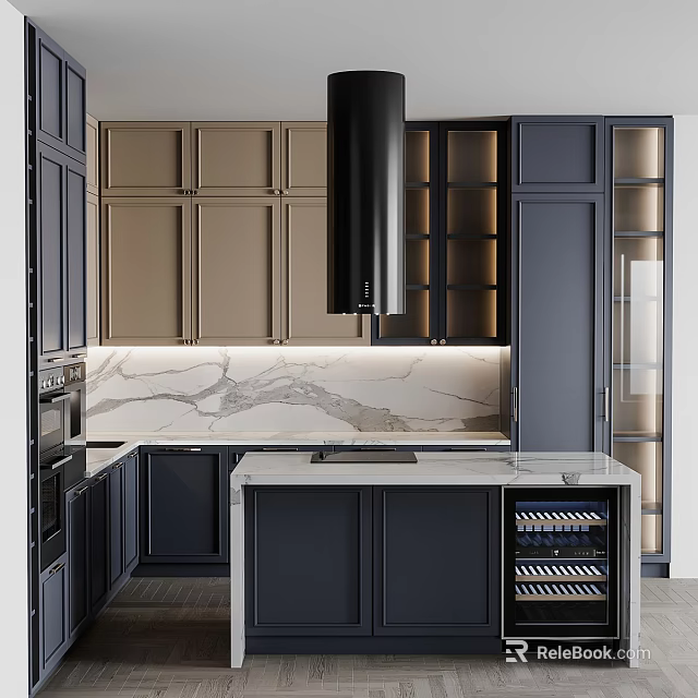 Dark Blue And Beige Kitchen Interior With Marble Island Countertop And Wine Storage Cabinets 3d model 