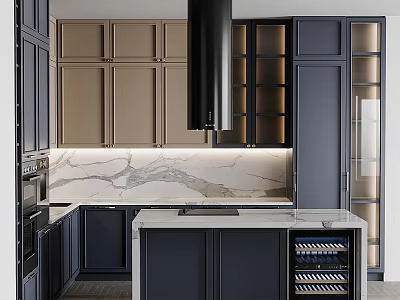 Dark Blue And Beige Kitchen Interior With Marble Island Countertop And Wine Storage Cabinets 3d model