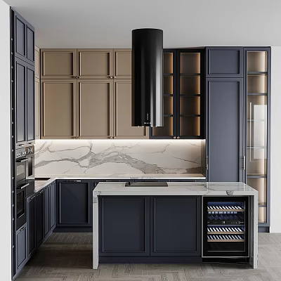 Dark Blue And Beige Kitchen Interior With Marble Island Countertop And Wine Storage Cabinets 3d model