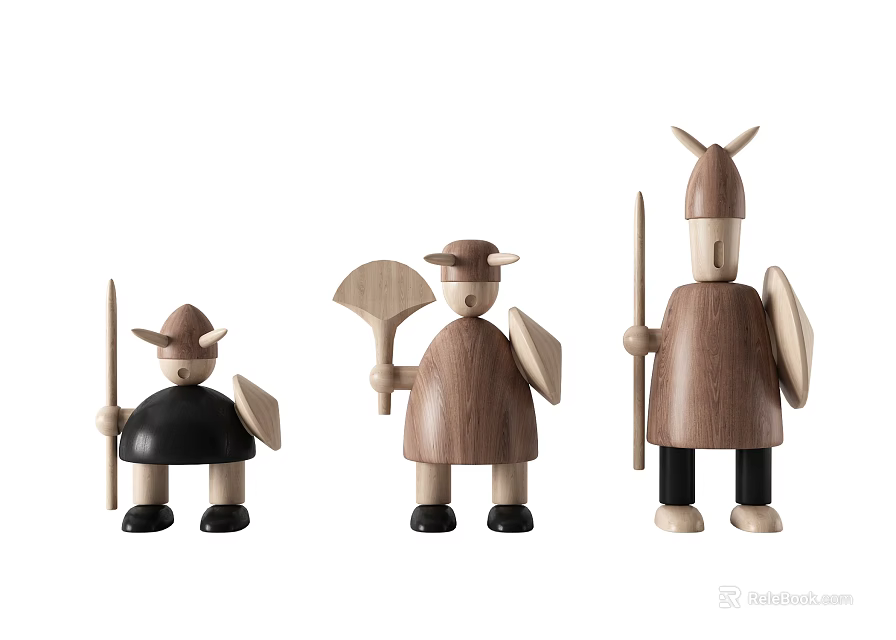 Wooden Decorative Figurine Set with Spear Shield Fan and Hats for Home Decoration 3d model 