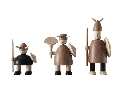 Wooden Decorative Figurine Set with Spear Shield Fan and Hats for Home Decoration 3d model