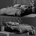 Double Bed With Striped Bedding Wooden Headboard Hanging Lights And Potted Plant