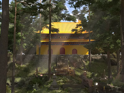Ancient Architecture With Yellow Roof And Stone Steps Surrounded By Tall Trees 3d model