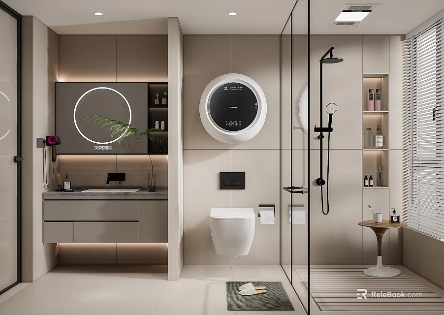 Modern Bathroom Interior Design With Round Mirror Wall Mounted Toilet Glass Shower And Vanity Sink 3d model 