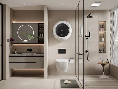 Modern Bathroom Interior Design With Round Mirror Wall Mounted Toilet Glass Shower And Vanity Sink 3d model