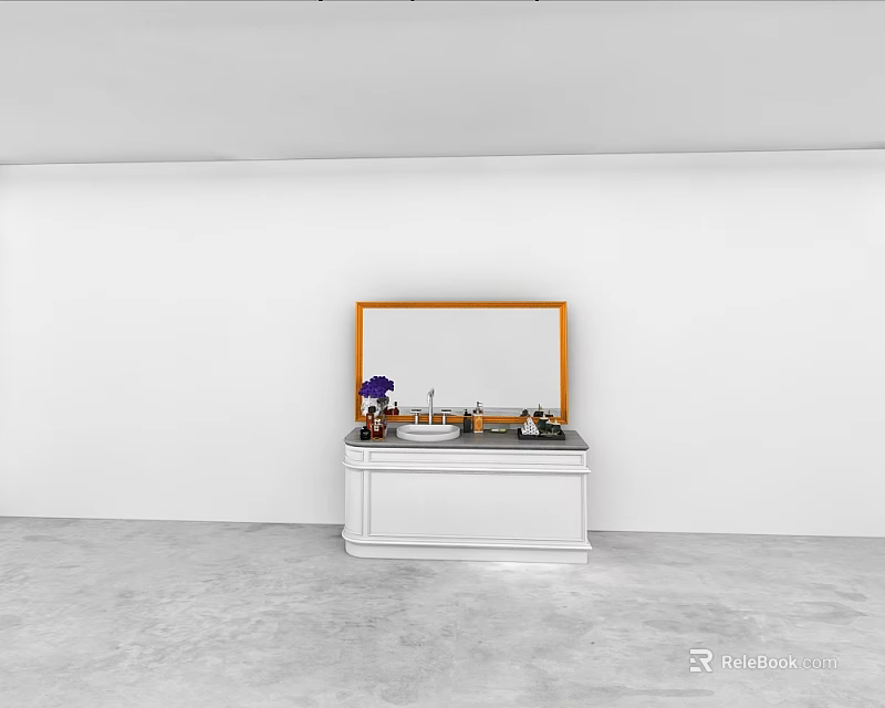 White Dressing Table with Golden Frame Mirror Black Countertop and Decorative Items in Minimalist Room 3d model 