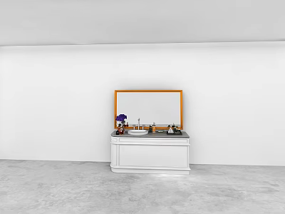 White Dressing Table with Golden Frame Mirror Black Countertop and Decorative Items in Minimalist Room 3d model