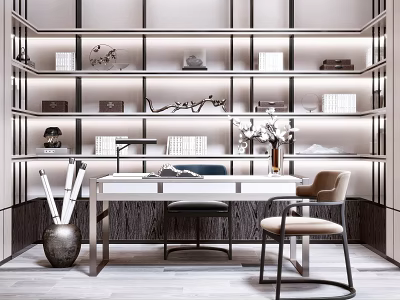 Modern Wooden Desk In Study Room With Built In Shelves Decorative Items And Comfortable Chair 3d model