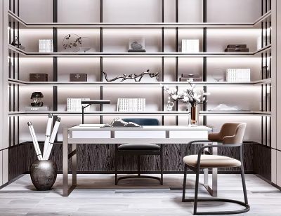 Modern Wooden Desk In Study Room With Built In Shelves Decorative Items And Comfortable Chair 3d model
