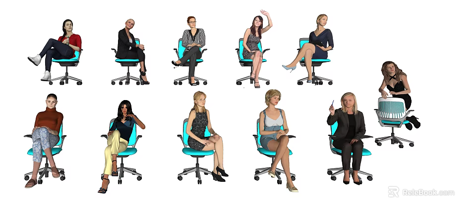 Multiple Women Seated On Blue Office Chairs In Various Poses 3d model 