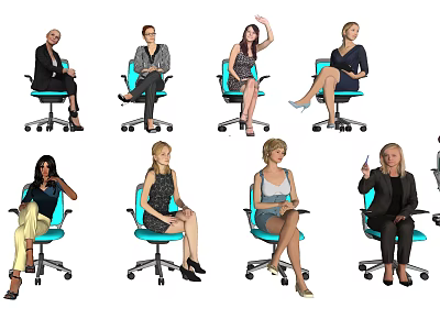 Multiple Women Seated On Blue Office Chairs In Various Poses 3d model