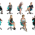 Multiple Women Seated On Blue Office Chairs In Various Poses