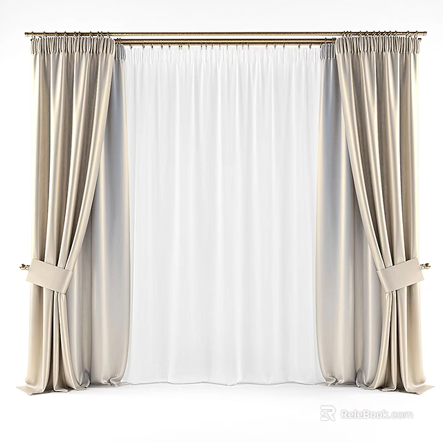 Beige Curtains With Sheer White Center Panel And Tied Back Design For Home Interior 3d model 