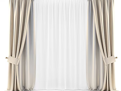 Beige Curtains With Sheer White Center Panel And Tied Back Design For Home Interior 3d model