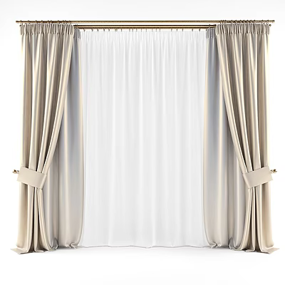 Beige Curtains With Sheer White Center Panel And Tied Back Design For Home Interior 3d model