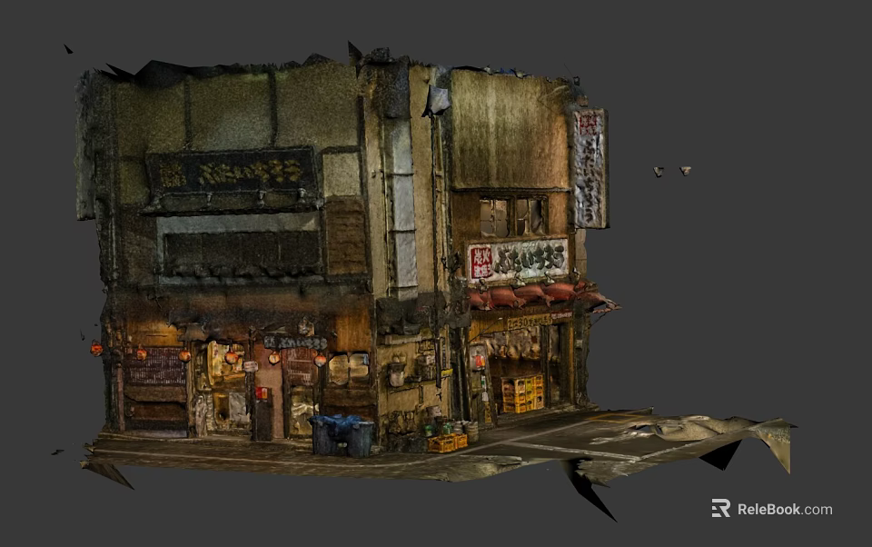 Cartoon Japanese Vintage Shop Scene With Traditional Signboards And Building Details 3d model 
