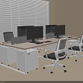Modern Office Desk With Multiple Computer Monitors Ergonomic Chairs White Drawers And Window Blinds Setup 3d model