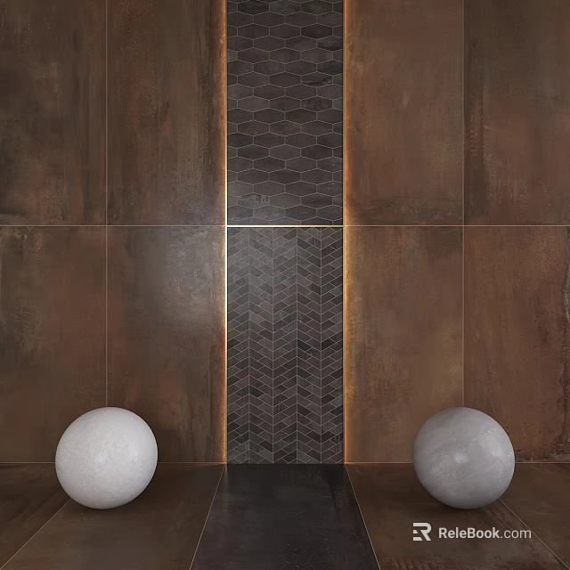 Stylish Bedroom Accent Wall With Brown Paneling Central Geometric Tile And Round Decor Pieces 3d model 