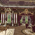 Ornate Luxurious Interior With Marble Columns Large Window Chandeliers And Curtains