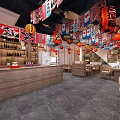 Traditional Japanese Restaurant Interior With Red Lanterns Colorful Banners Wooden Bar And Mural