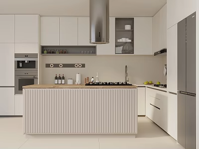 Modern Kitchen Interior With White Cabinets Striped Island And Stainless Steel Appliances 3d model