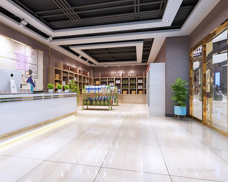 Bright Modern Specialty Store Interior With Shelves Products Front Counter And Green Plants 3d model 