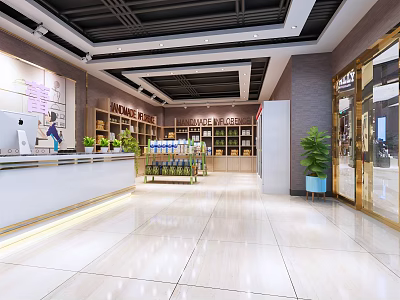 Bright Modern Specialty Store Interior With Shelves Products Front Counter And Green Plants 3d model