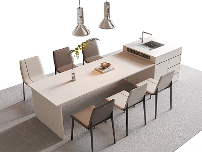 Modern Dining Table Set With Six Chairs Hanging Pendant Lights And Decorative Items 3d model