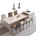 Modern Dining Table Set With Six Chairs Hanging Pendant Lights And Decorative Items