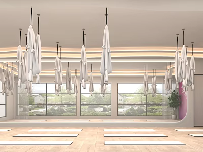 Spacious Yoga Studio With Hanging Hammocks Yoga Mats And Large Windows Green Plants View 3d model