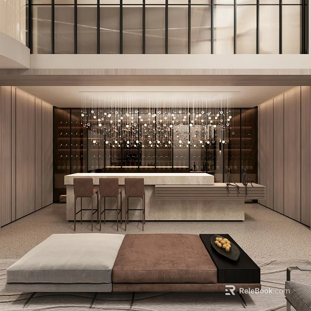 Modern Basement Interior Design With Bar Counter Wine Racks Stools And Chandelier 3d model 