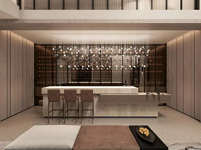 Modern Basement Interior Design With Bar Counter Wine Racks Stools And Chandelier 3d model
