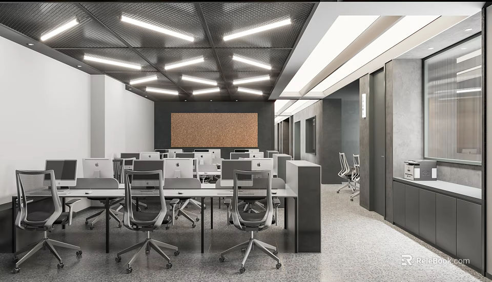 Spacious Modern Public Office Area With Ergonomic Chairs Desks Computers And Ceiling Lights 3d model