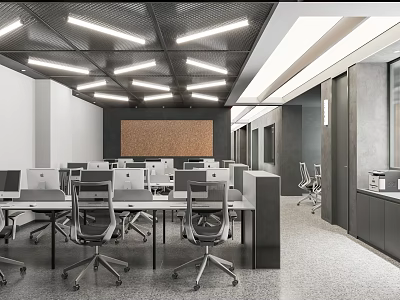 Spacious Modern Public Office Area With Ergonomic Chairs Desks Computers And Ceiling Lights 3d model