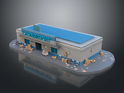 Laundrymat Building Exterior With Blue Roof Entrance Concrete Walls And Boxes 3d model