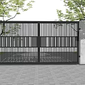 Modern Garden Gate With Vertical Slats And Beige Walls Surrounded By Green Trees